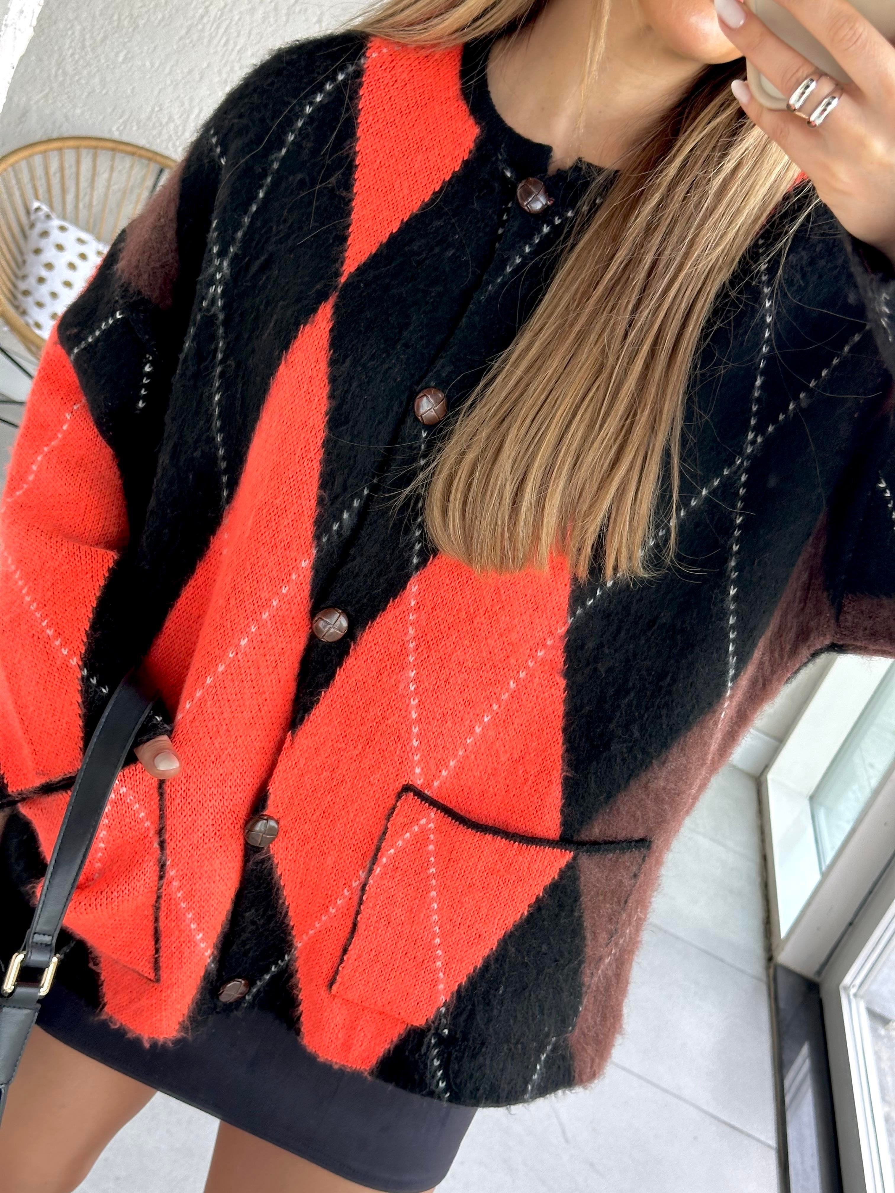 Ella - Cardigan Losanges Orange & Noir
