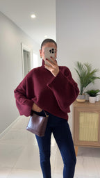 Emy - Pull Oversize à Col Montant Bordeaux