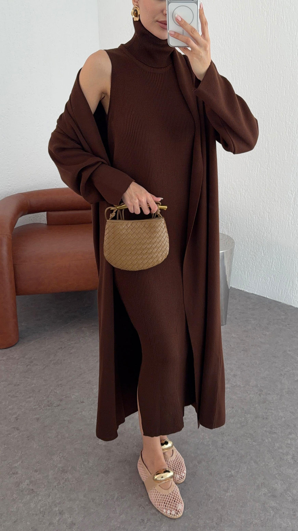 Elle - Ensemble Robe Et Gilet En Maille Marron