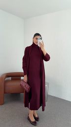 Elle - Ensemble Robe Et Gilet En Maille Bordeaux