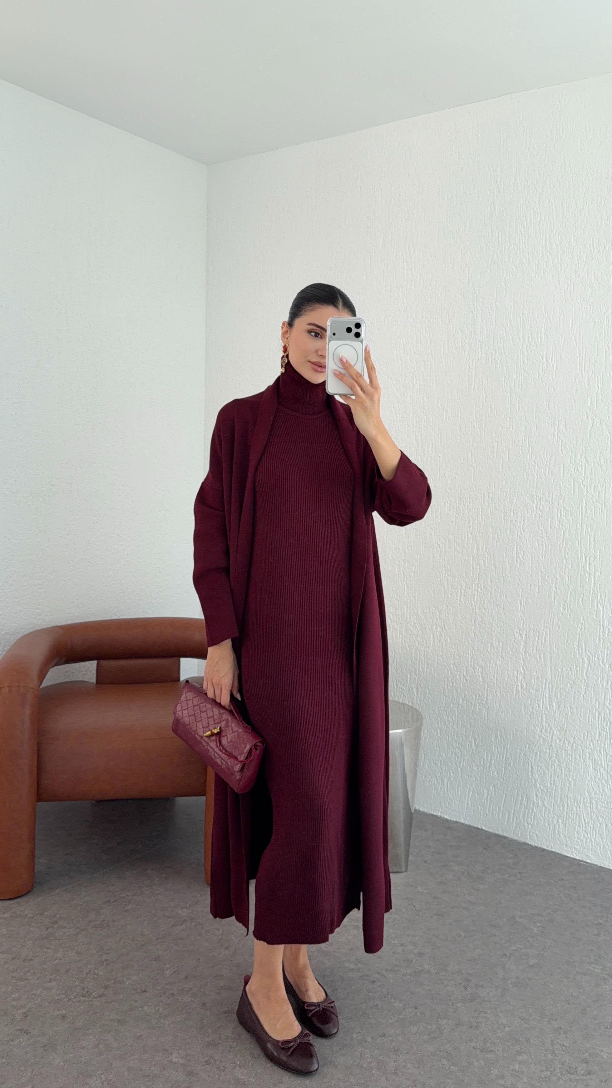 Elle - Ensemble Robe Et Gilet En Maille Bordeaux