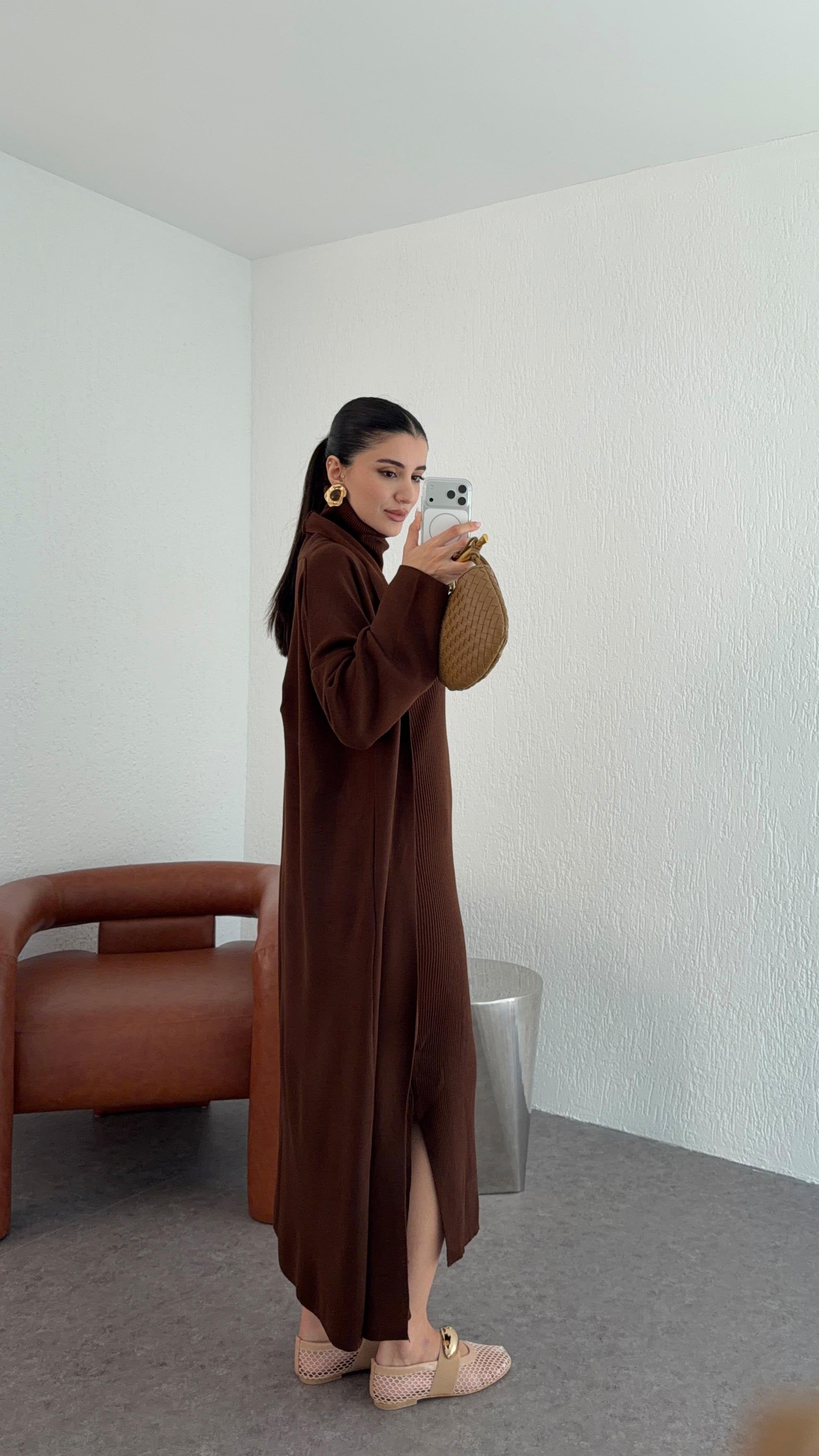 Elle - Ensemble Robe Et Gilet En Maille Marron