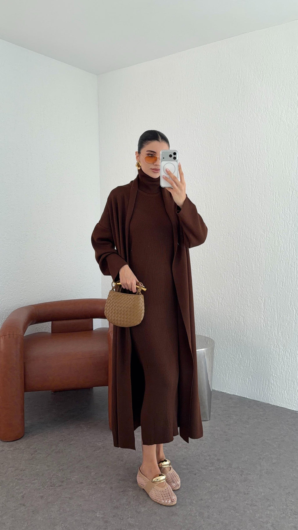 Elle - Ensemble Robe Et Gilet En Maille Marron