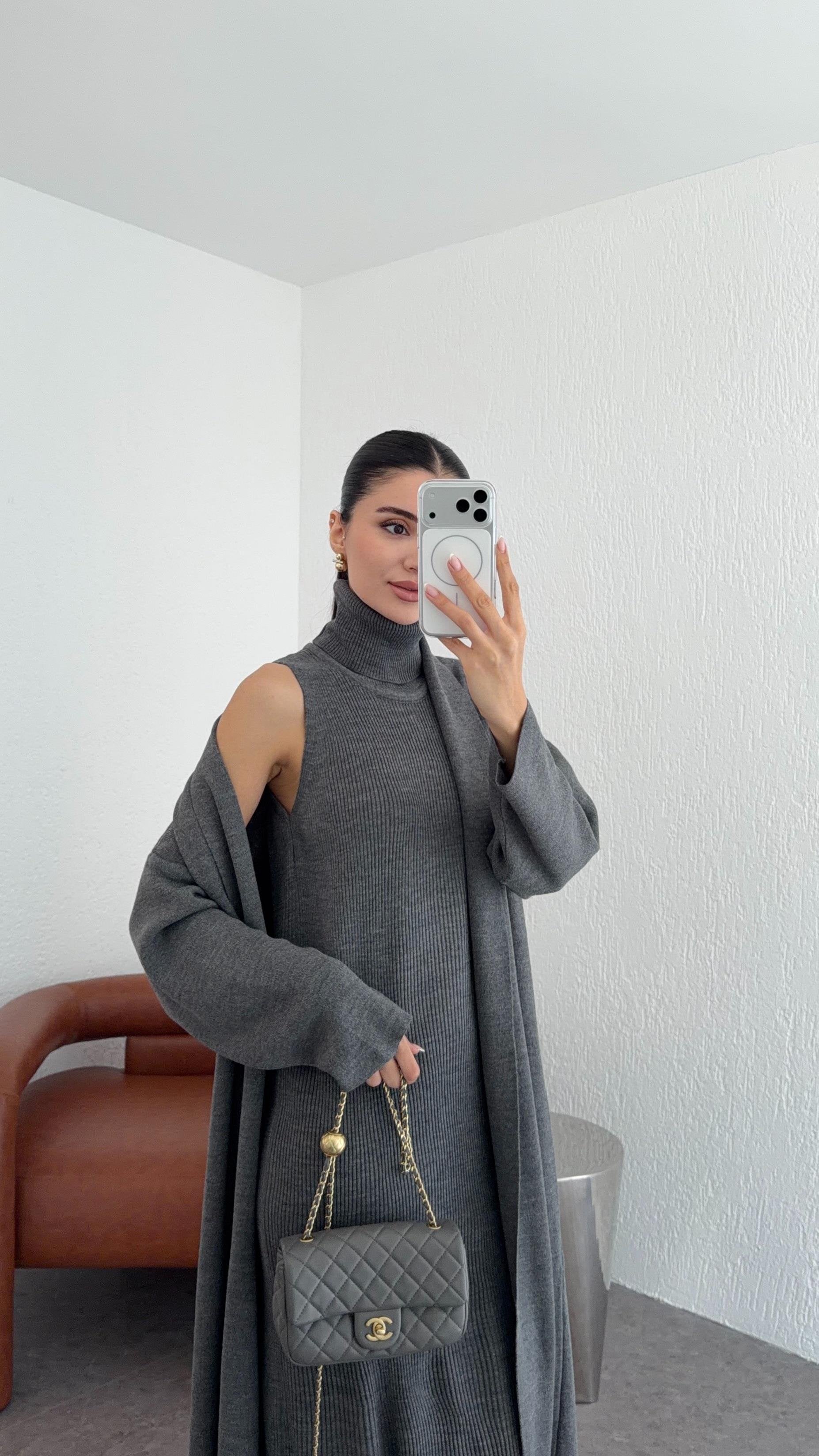 Elle - Ensemble Robe Et Gilet En Maille Gris
