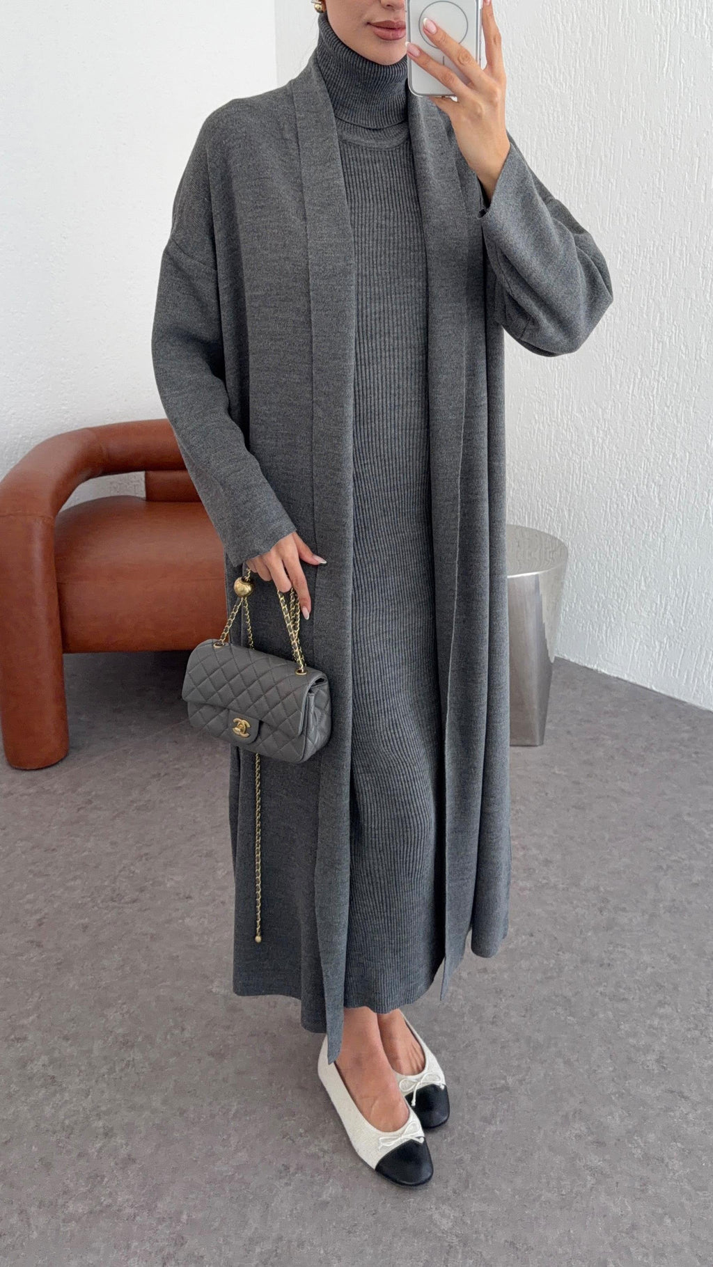 Elle - Ensemble Robe Et Gilet En Maille Gris