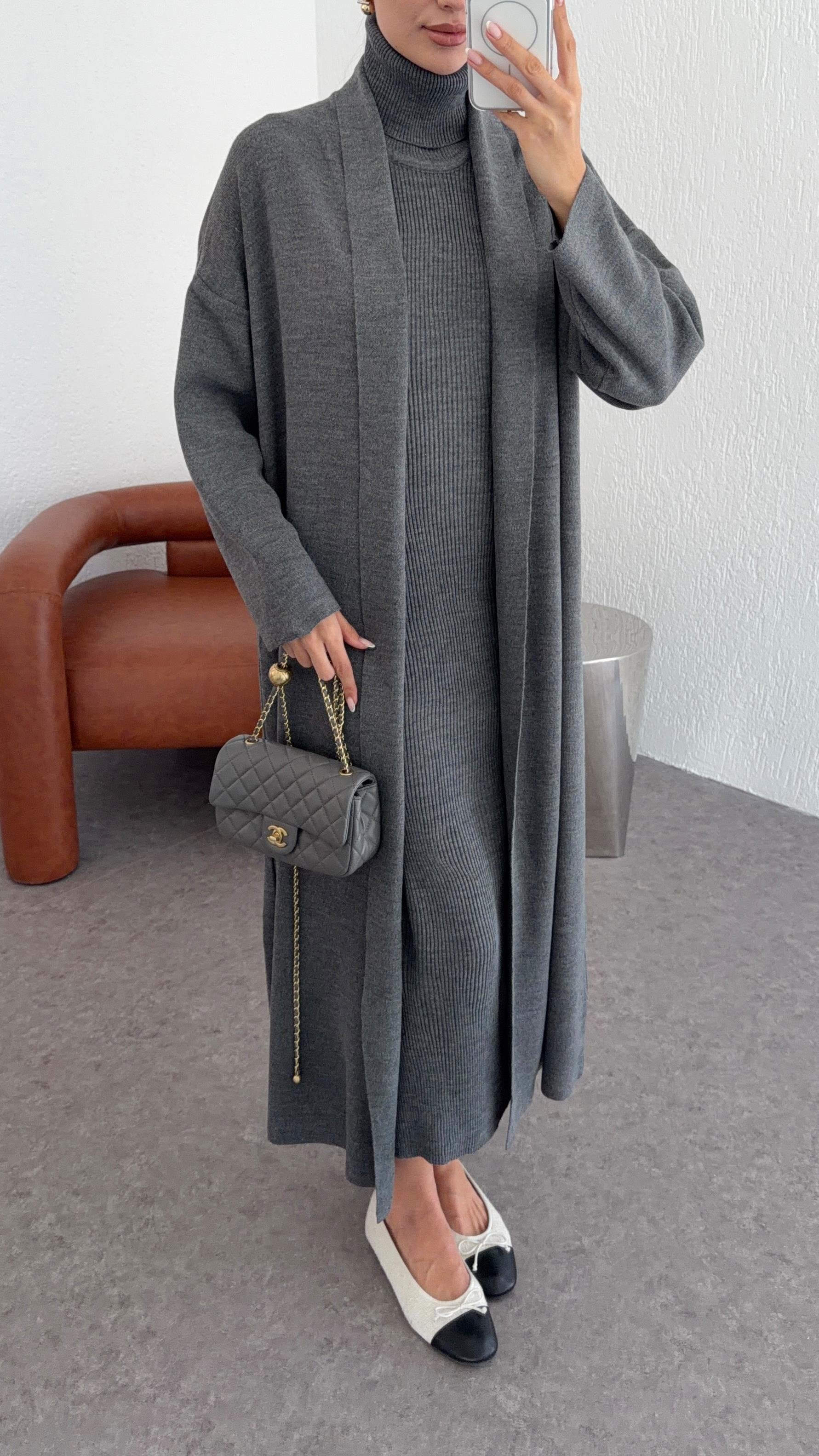Elle - Ensemble Robe Et Gilet En Maille Gris